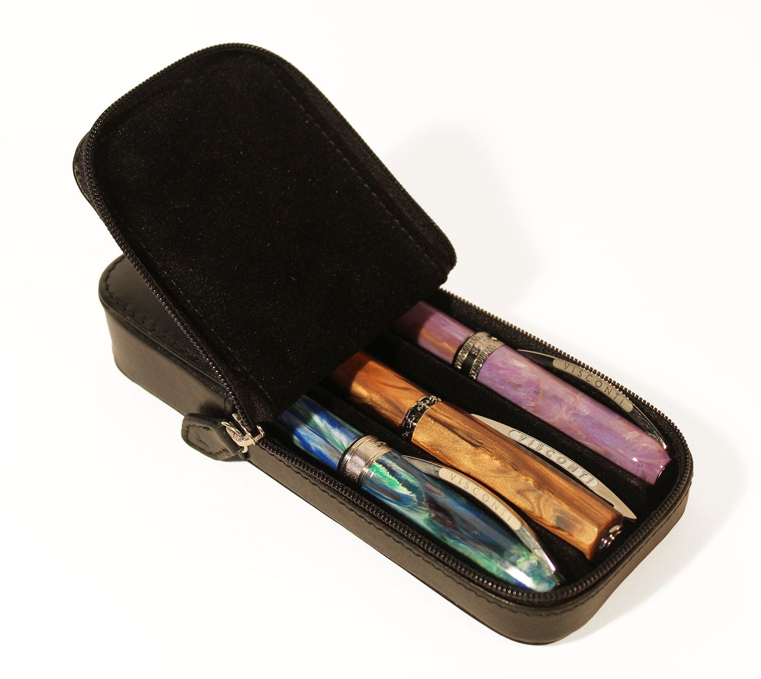 Visconti pen case for 3 pens, black leather - Fontoplumo