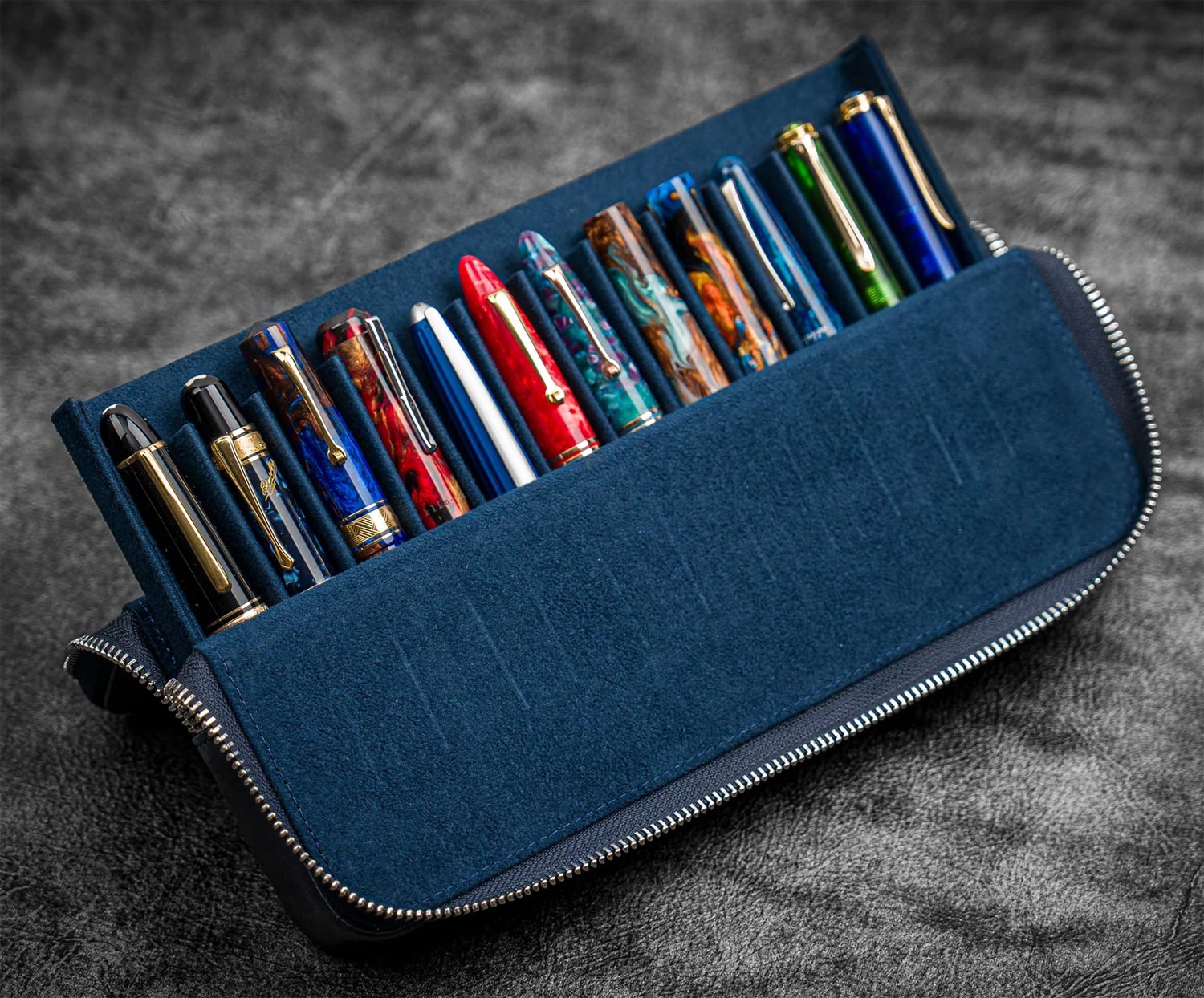Galen Leather Zippered Magnum Opus 12 Slots Hard Pen Case with Removable Pen Tray - Navy Blue