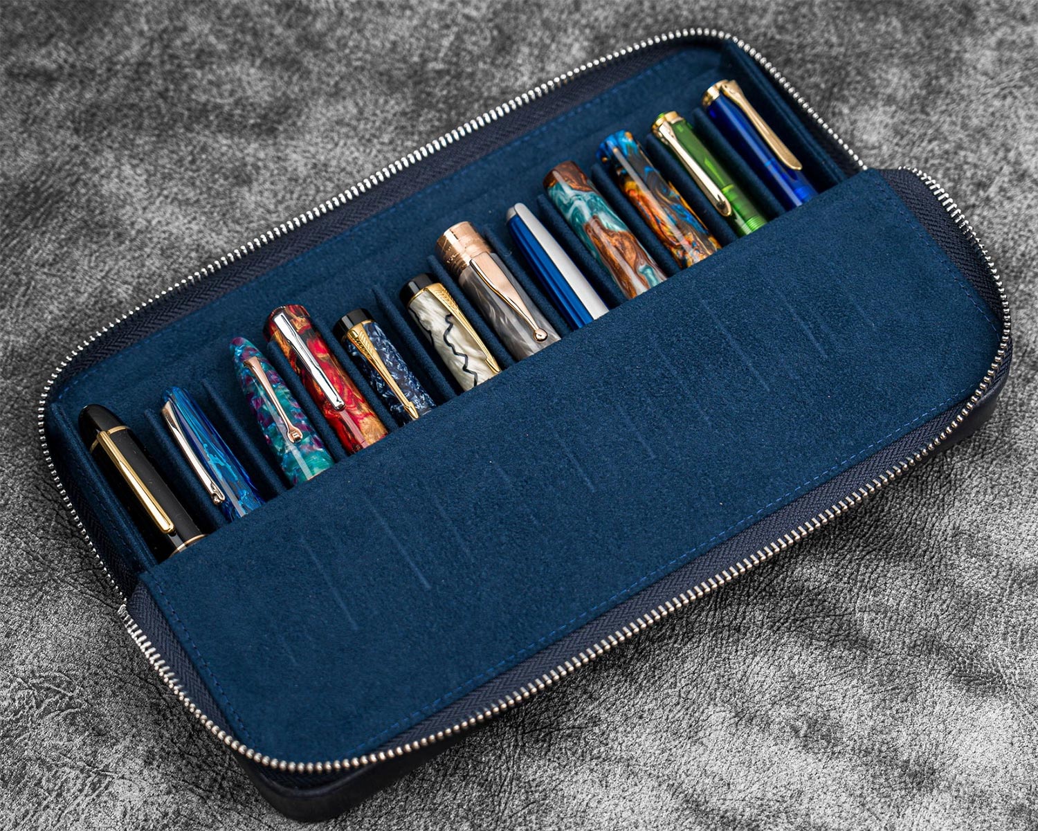 Galen Leather Zippered Magnum Opus 12 Slots Hard Pen Case with Removable Pen Tray - Navy Blue