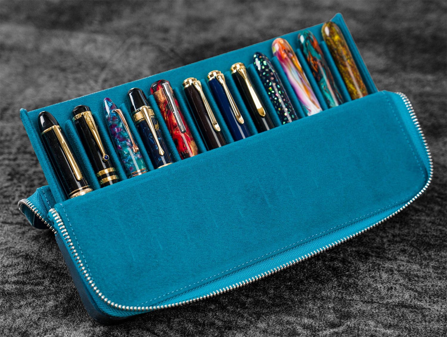 Galen Leather Zippered Magnum Opus 12 Slots Hard Pen Case with Removable Pen Tray - Ocean Blue