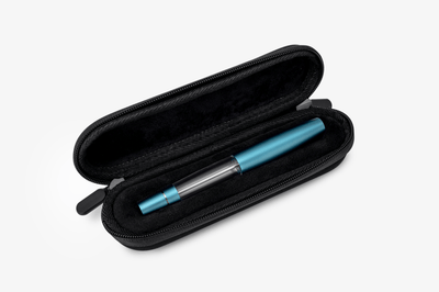 Gravitas Monster Aluminum Teal fountain pen is packed in a special carrying case.